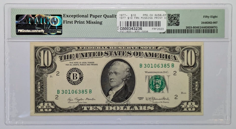 1977 $10 FRN New York Fr#2023-B PMG 58 CH AU EPQ Missing Print Error - Image 2 of 3