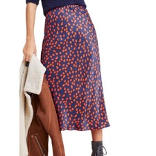 Anthropologie Maeve Evelyn Bias Midi Skirt Navy Blue Lipstick Red Floral S