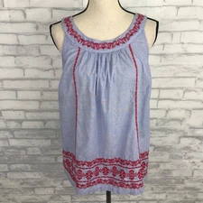 Talbots Blue Red Sleeveless Embroidered Top Shirt L Petite Boho Cottage Beachy