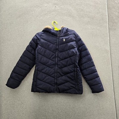 U.S. Polo Assn. Women Jacket M Navy Blue Embroidered Puffer Zipper Hooded