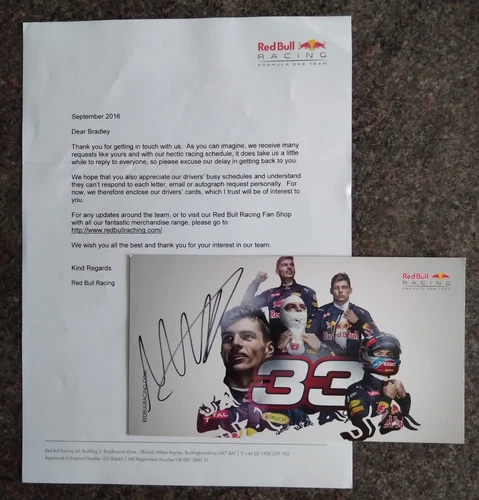 Max Verstappen Red Bull Drivers Card Hand Signed Autograph With Letter 2016.