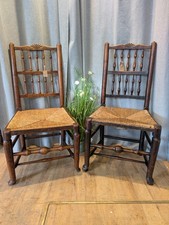 Pair of antique Georgian rush-seat oak Lancaster chairs