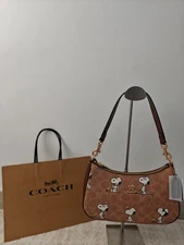 COACH x PEANUTS Teri Shoulder Bag Tan Brown Snoopy Print Signature Canvas CBJ88