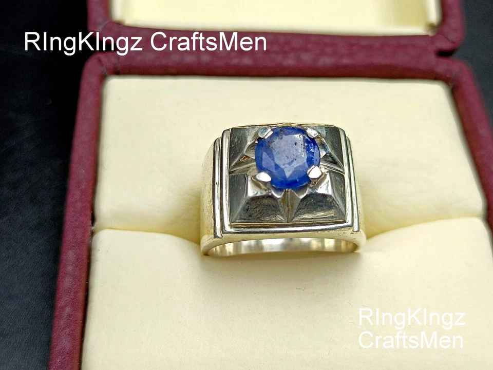 Anillo de piedra de zafiro natural para hombre talla 10 ajustable plata de ley 925 neelam Foto 2 de 4