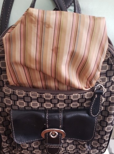 NINE WEST Mini Backpack Goemetric Brown Print w/Blk Trim Adjustable Straps 9x8x3 - Picture 12 of 14
