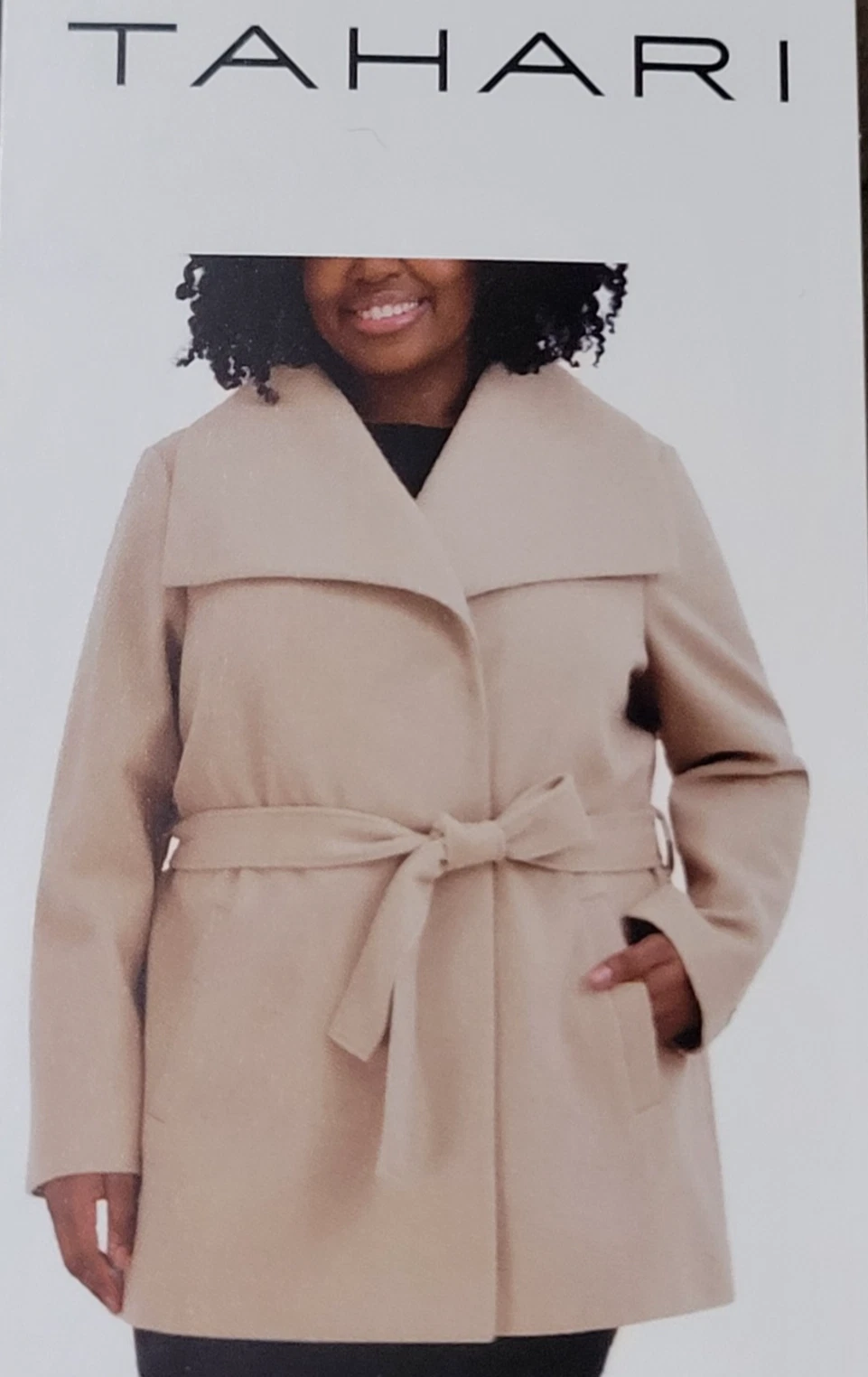Tahari woman wrap coat jacket cream tan size XL large Belted Pocketed wrap