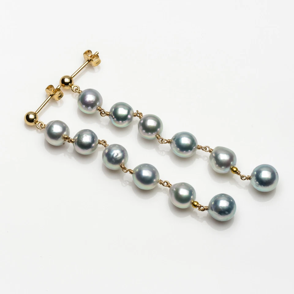 Pendientes colgantes largos de plata real de perlas Akoya de oro amarillo macizo de 14 k 7-7,5 mm Foto 2 de 4