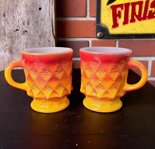 Kimberly Diamond Coffee Mug Pair Fire King Red Yellow Gradient  Anchor Hocking
