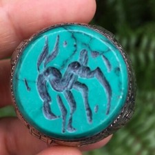 Afghanistan ring ancient style silver alpaca green malachite intaglio seal deer