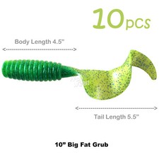 10pcs 10" (w/ curly tail extended) Perch Grub Fat Chubby Soft Lure Chartreuse