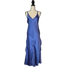 Oscar de la Renta Vintage Blue Satin Ruffle Slip Maxi Dress Gown Sleepwear M