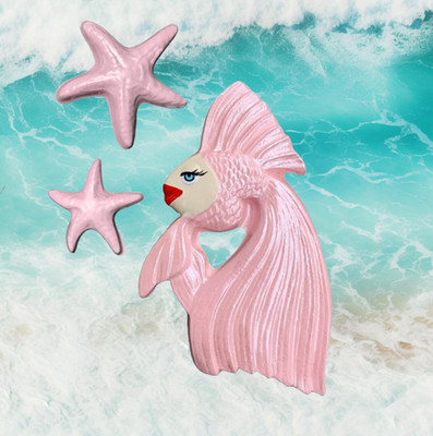 Lady Fish + Starfish Chalkware SET - Retro MCM Style Handmade