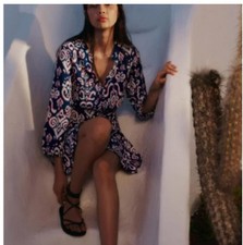 Zara Sz M Dress Ikat Print Blue White LS Flounce Bottom Covered Buttons