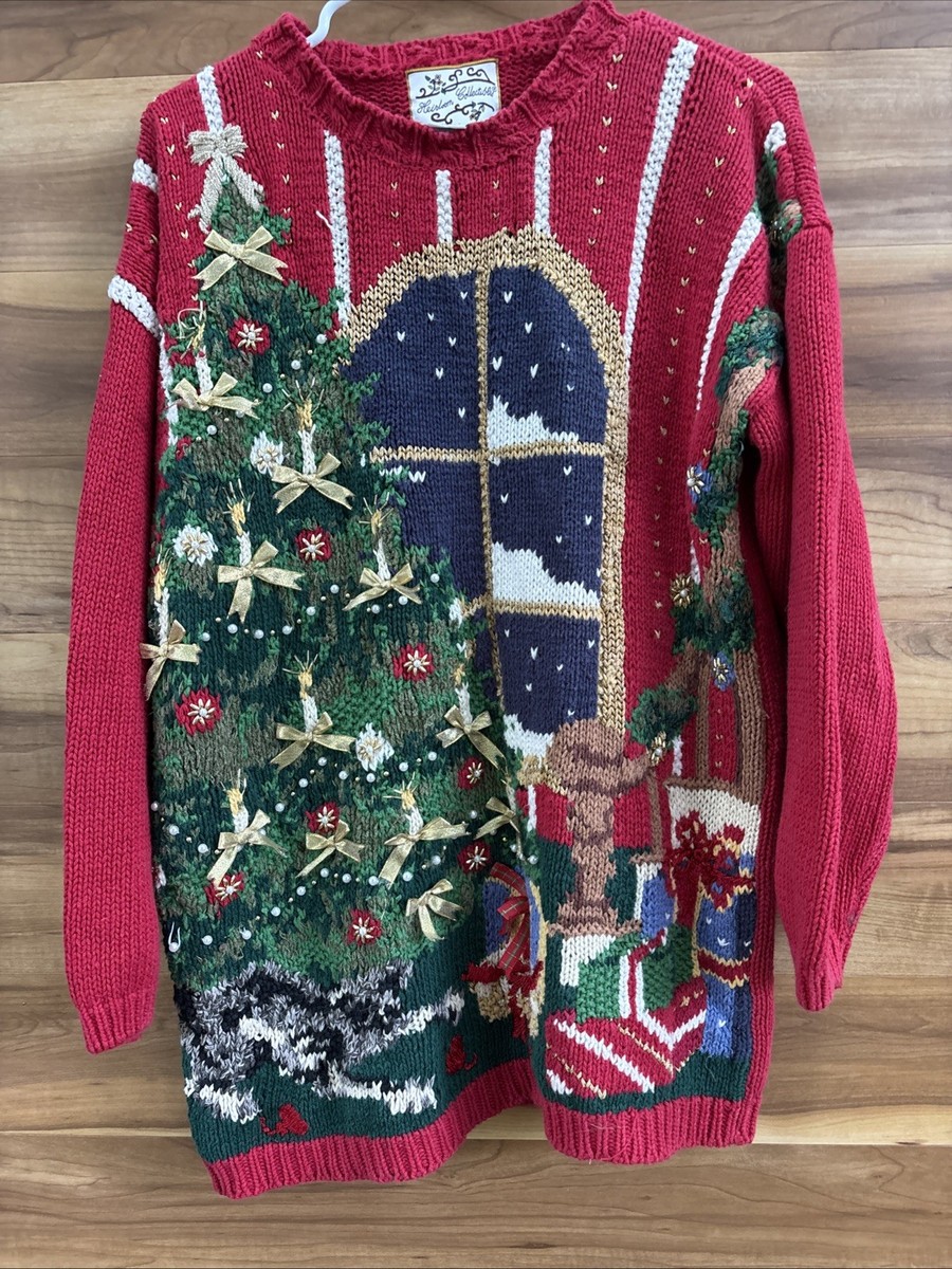 VTG Heirloom Collectibles Christmas Tree Pullover Sweater Embellish And Bows M