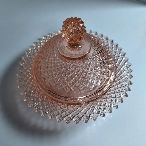 Vtg Anchor Hocking  Pink Miss America Diamond Cut Depression Glass Butter Dish
