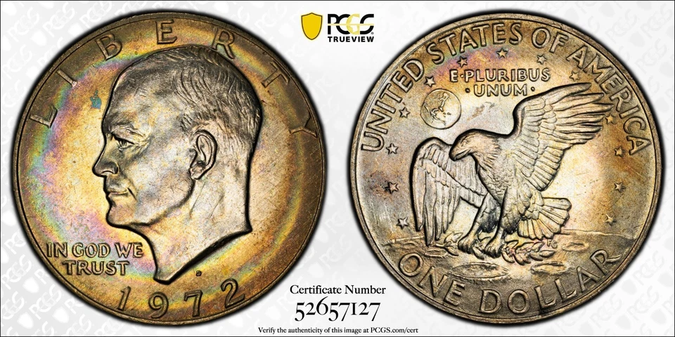 Eisenhower Dollar 1972-D PCGS MS66 - Strong Neon Rim Toning Obv. & Rev. - Image 2 of 4
