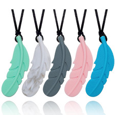 Sensory Chew Necklace for Kids, Boys and Girls, 5 Pack Silicone Feather Chewy Ne