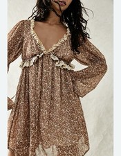 NWT Free People Pennie Floral Babydoll Mini Dress XS Cream Sheer Sleeves Cottage