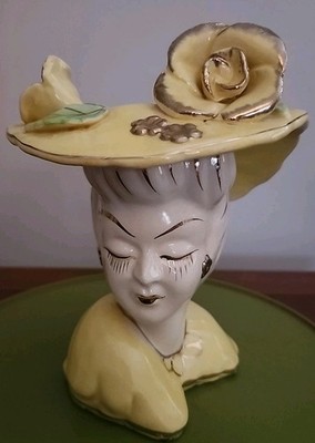 Vintage Ceramic Lady Head Vase, Japan, 50's 60's Flower Vase Planter Yellow