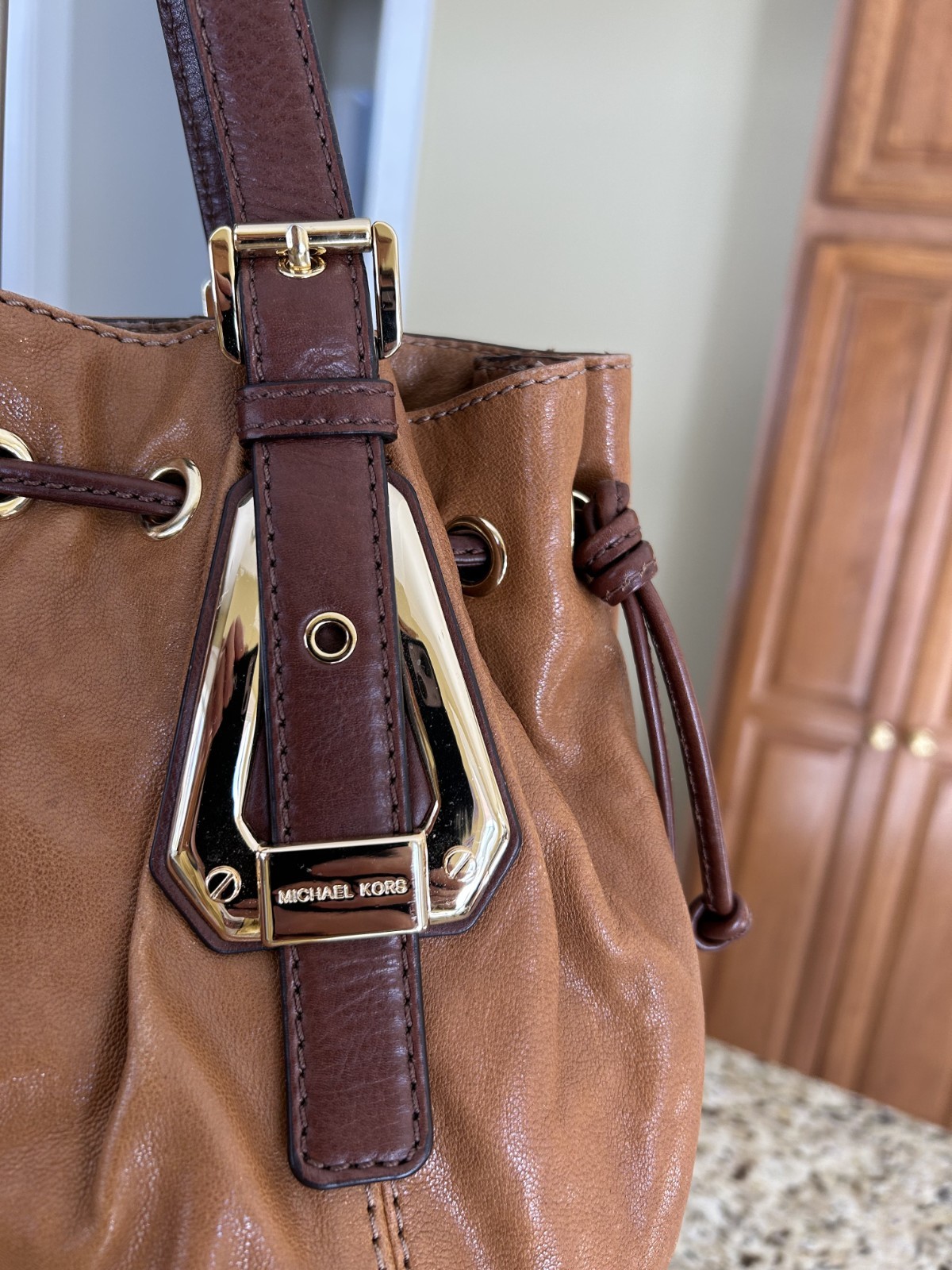 Authentic Michael Kors Rare Vintage Draw String Leather Tote Bag image 3