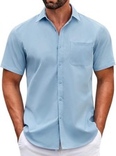 Men's Button Down Dress Short Sleeve Collar Light Blue Regular Fit Casual Mens