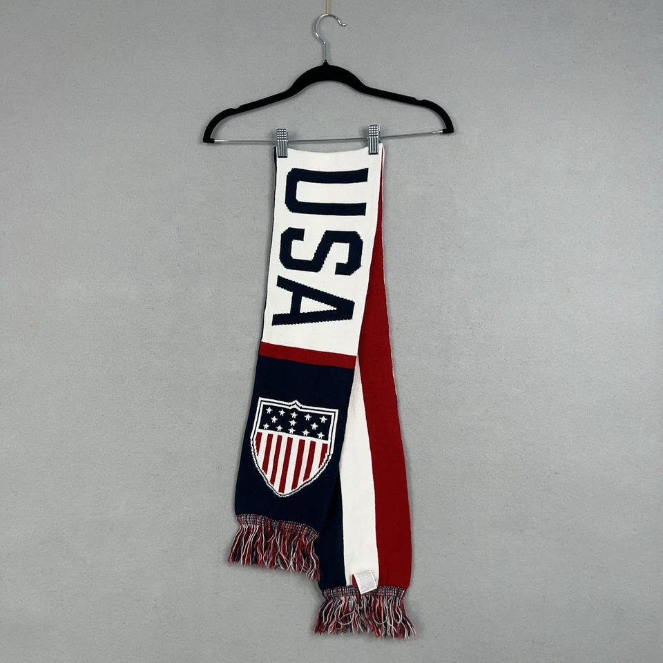 Bufanda tejida Team USA para hombre talla única roja blanca azul olímpica reversible flecos escudo Foto 4 de 4