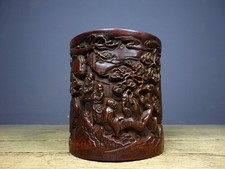 Collectible China Old bamboo hand carven character pine tree 松下论道  decoration