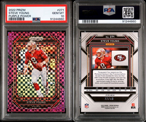 2022 Panini PRIZM Football STEVE YOUNG #271 Purple Power /49 49ERS PSA 10 GEM MT - Afbeelding 3 van 3