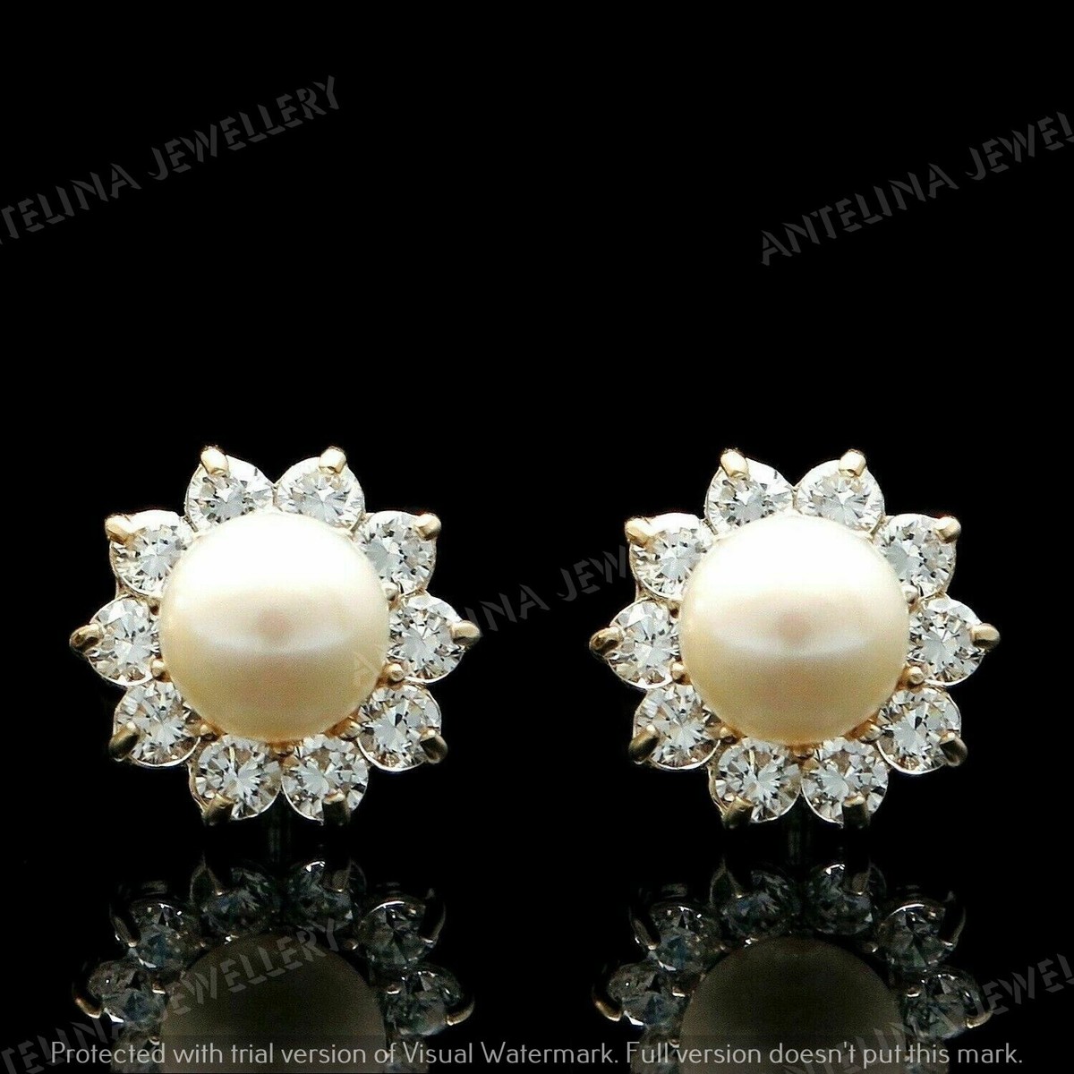 1.80 CT Brilliant Pearl & Diamond Earring 14k Yellow Gold
