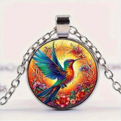 New Lucky Kingfisher Pattern Round Pendant Necklace Bohemian Style Jewelry - product listing photo