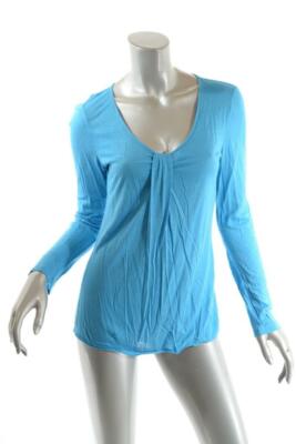 GIORGIO ARMANI Turquoise Viscose Blend Scoop Waterfall Neck T Shirt  Sz 44 US8