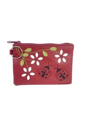 Cute Lucky Ladybug & Flower Faux Leather Coin Purse ID Coin Purse Keychain 