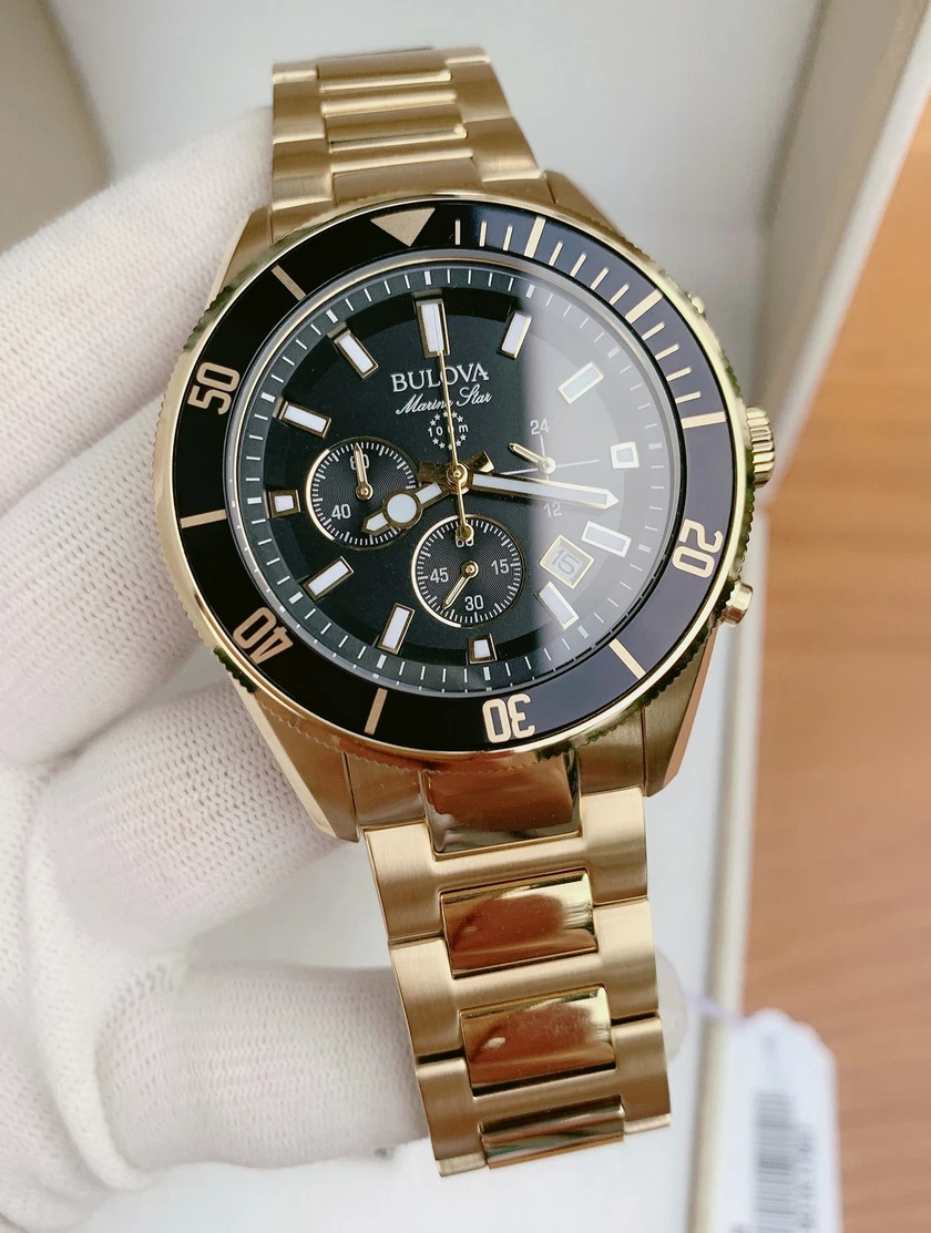 Bulova Marine Star 98B250 Gold Tone Men s Black Dial Chronograph
