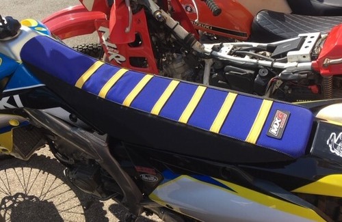 SUZUKI RM125 RIBBED GRIPPER SEAT COVER BLUE + BLACK + YELLOW STRIPES RIBS MXG - Picture 4 of 4