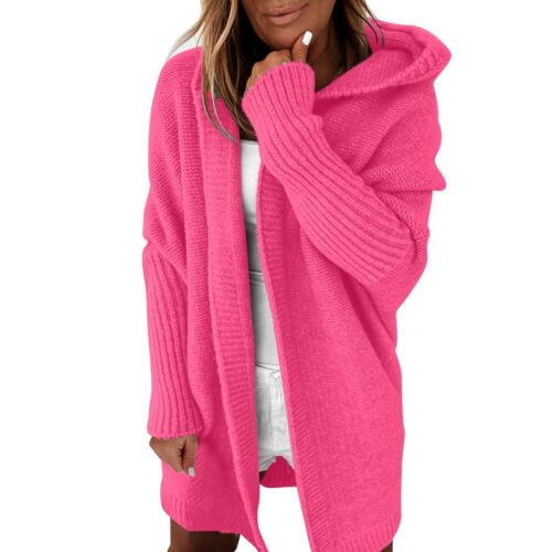 Cardigan maglione donna con cappuccio sciolto casual tinta unita aperto davanti maglia cappuccio cappotto - Foto 37 di 48