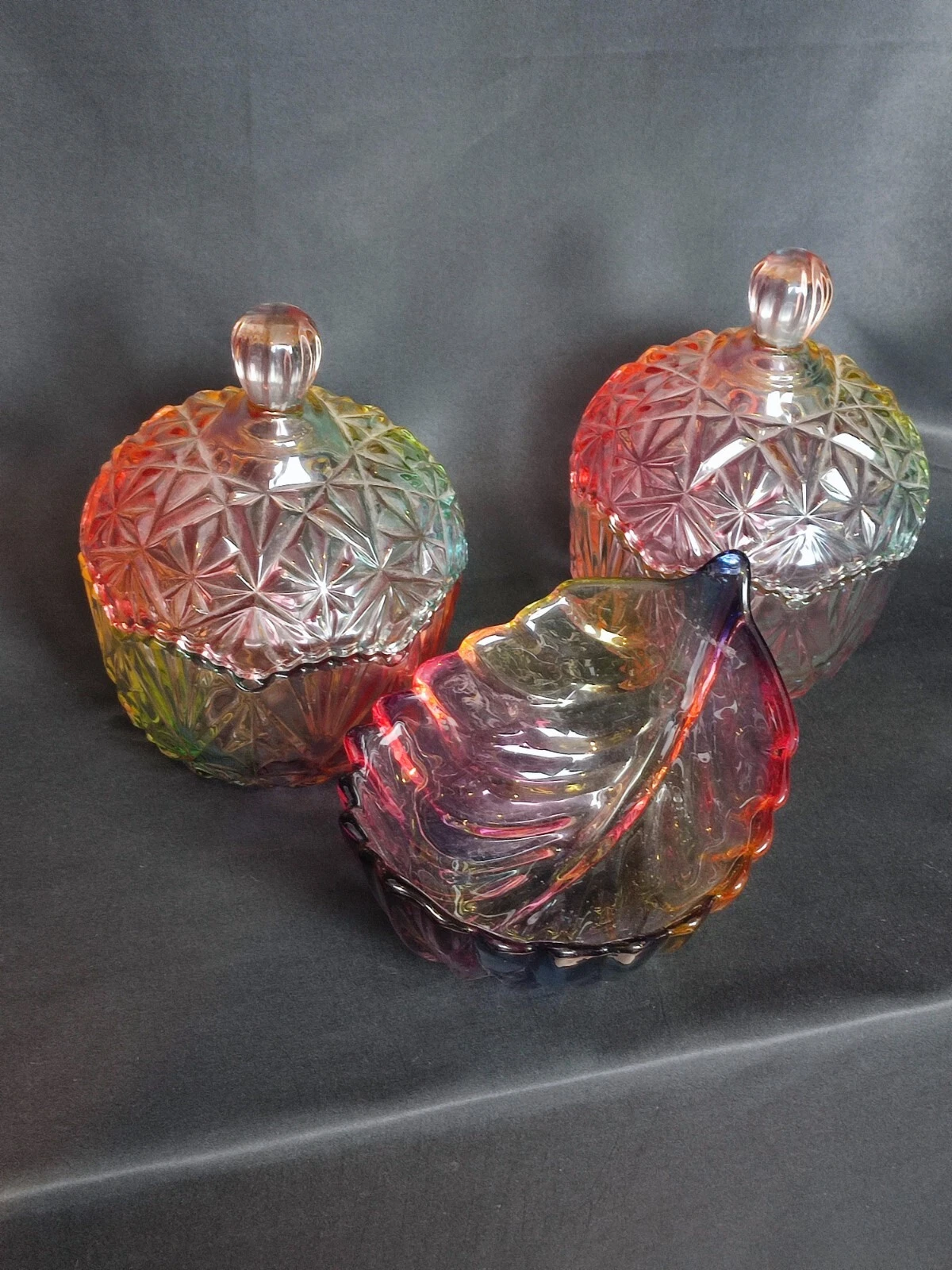 Pair 2 X Embossed Glass Candy Jar W/ Lid Jewelry Box Storage And Leaf Open Dish