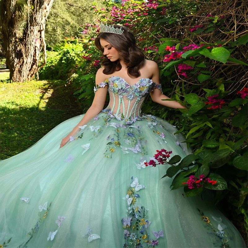 Sexy Light Green Quinceanera Dresses Princess Ball Gown 3D Bead Tulle Sweet  16