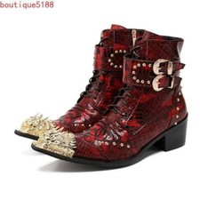 Men Rivet Metal Pointed Toe Real Leather Shoes Stage High Heel Strap Ankle Boots