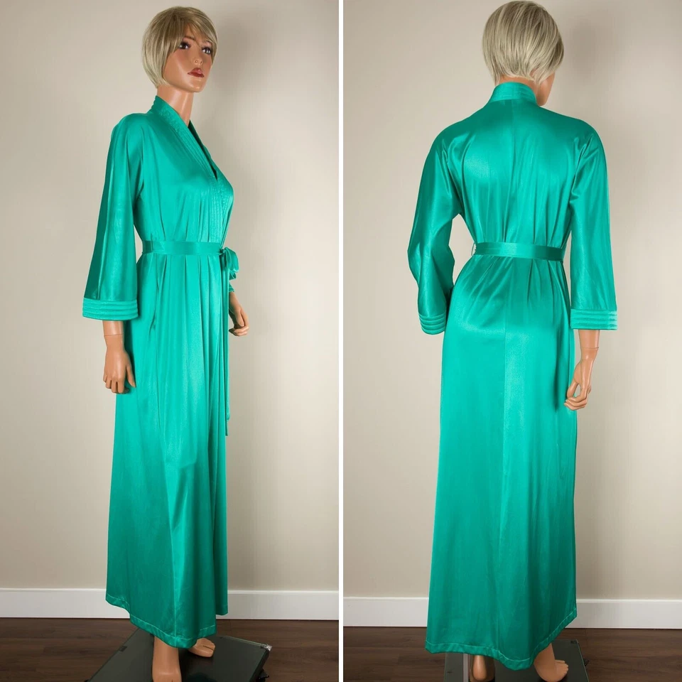 💖 Bata larga verde vintage VANITY FAIR acolchada con bolsillos con cinturón XS Foto 2 de 4