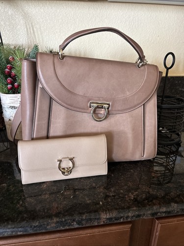 Salvatore Ferragamo Sofia Rainbow Satchel Handbag & Gancini Wallet Set Taupe