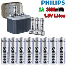 Lot Philips Rechargeable AA Lithium Batteries 1.5V 3600mWh /Optional Charger Box