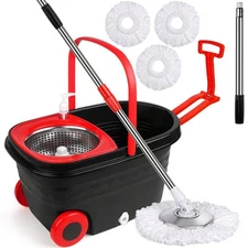 360° Spinning Mop Bucket, 3 Washable Microfiber Pads, Adjustable Stainless Steel