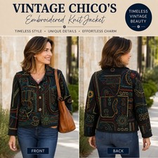 Vintage Chico s Embroidered Knit Jacket Women s Size 2 Cotton Boho Southwestern