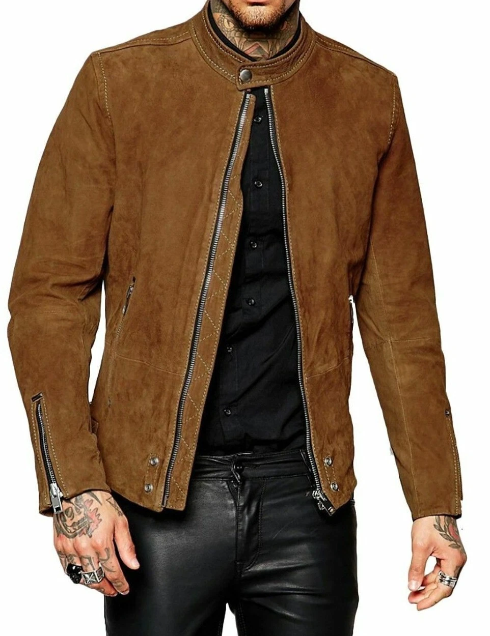 Men's Suede Leather Biker Jacket Genuine Lambskin Motorcycle Brown Slim Fit Coat
