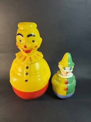 2 Vintage Plastic Roly Poly Clown Rattle Toys - 1 Missing Hat