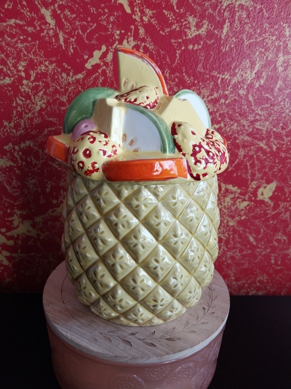 Vintage CARA CREATIONS Hand-Painted Japanese Majolica Pineapple Fruit Cookie Jar