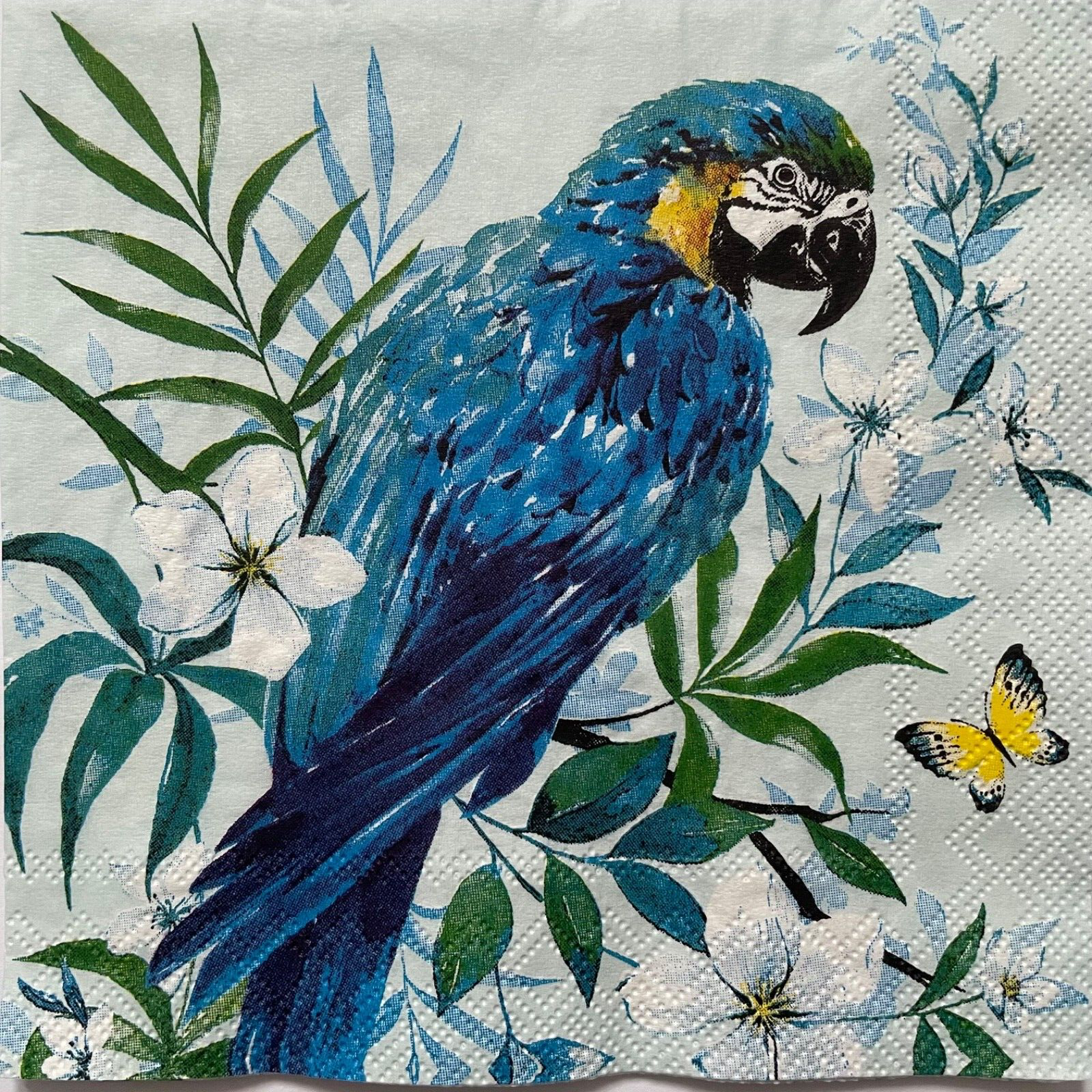 4 Luncheon paper napkins Blue Parrot Floral Tropical Bird for decoupage