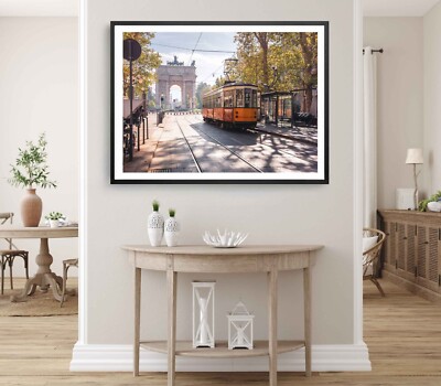 Milan Town Print, Wall Art, Vintage Tram Framed Lombardia Wall Art, Italy