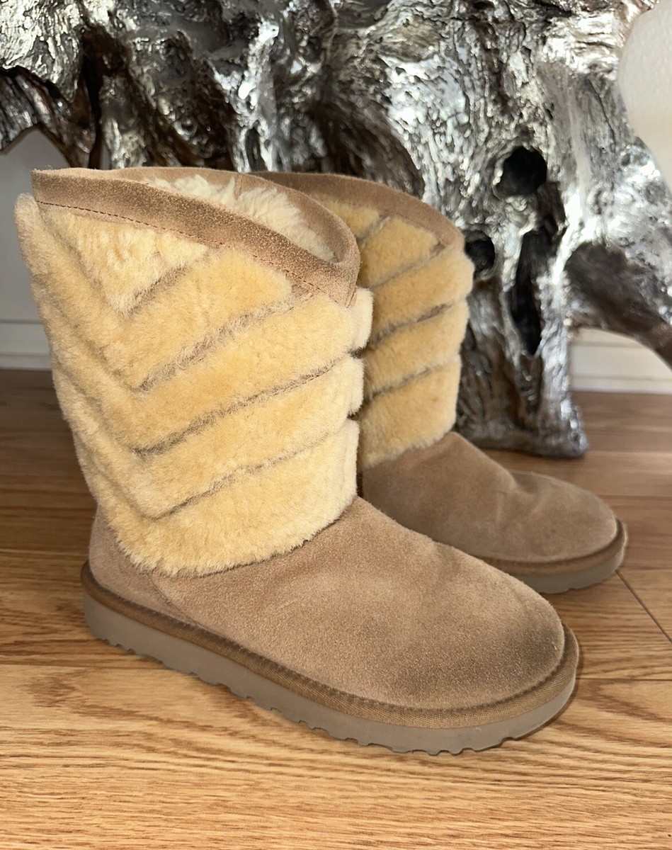 UGG Tania Boots Womens Sz Suede Sheepskin Chestnut Mid Calf