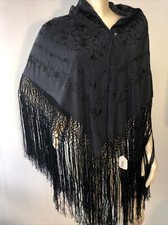 VINTAGE LARGE PIANO SHAWL Darkest BLUE - BLACK chinese EMBROIDERY LONG FRINGE